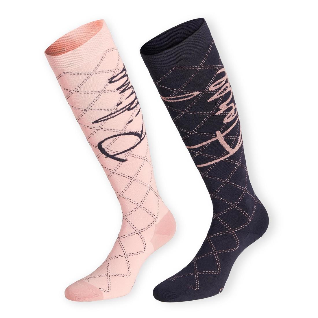 Chaussettes équitation femme 500 LIGHT bleu turquin et framboise