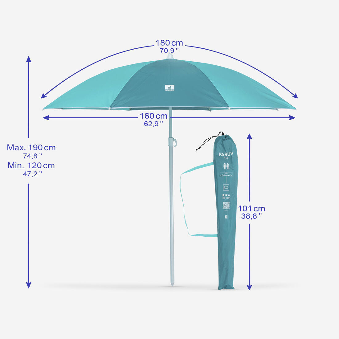 PARASOL DE PLAGE PARUV 160 UPF 50+ 2 PLACES - Multi couleur
