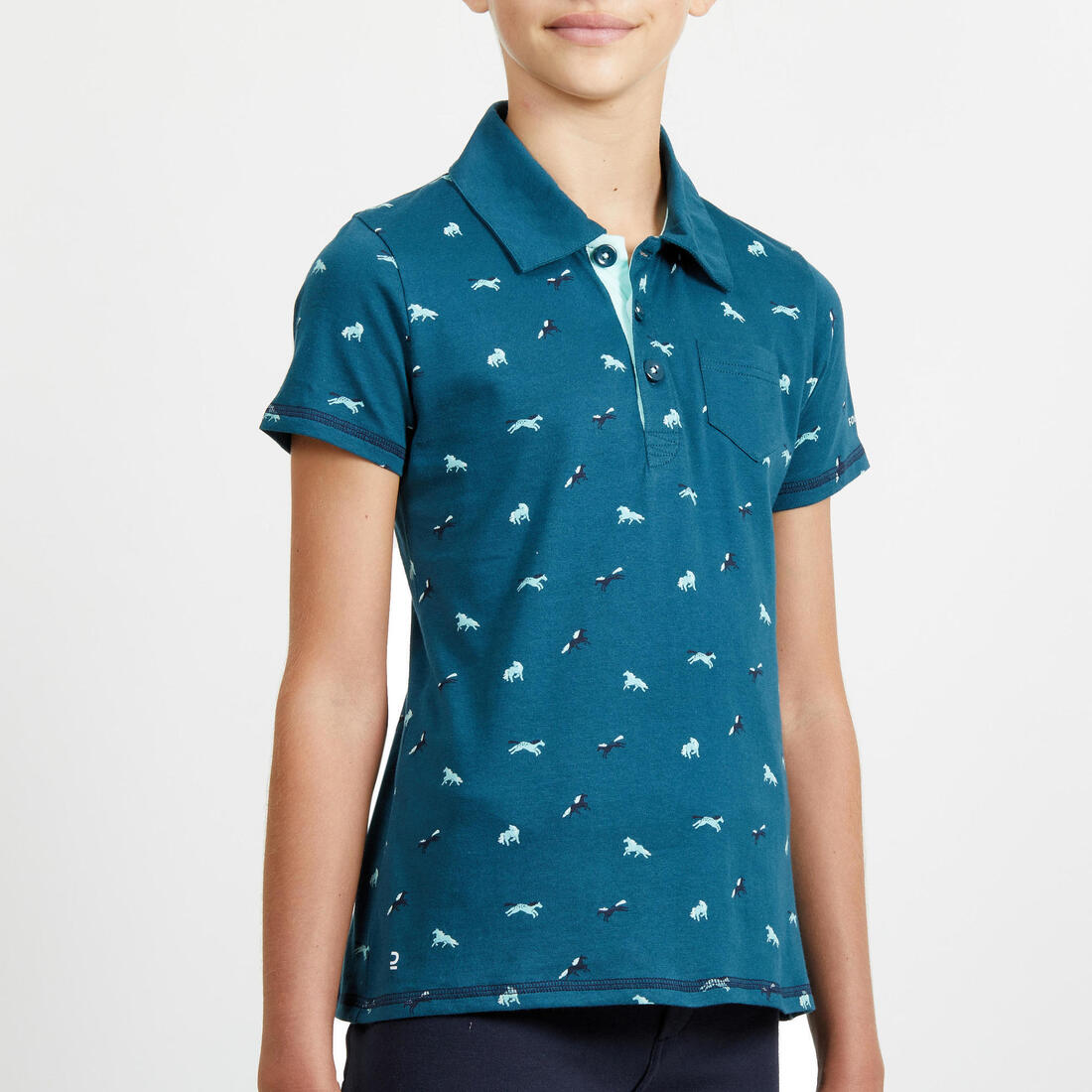 Polo manches courtes équitation fille 140 PONY bleu pétrole motifs turquoise