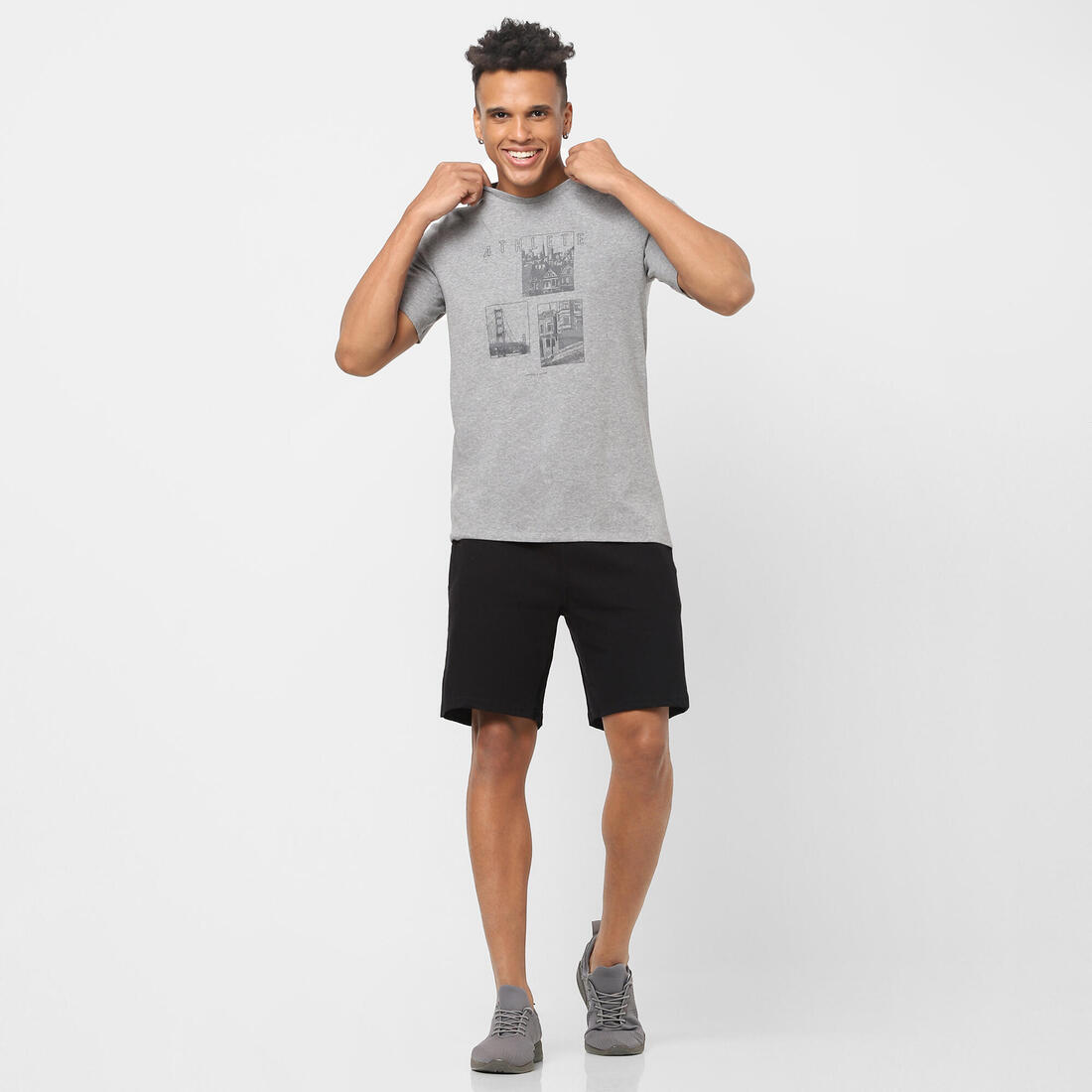 T-shirt fitness manches courtes slim coton col rond homme blanc a imprimé