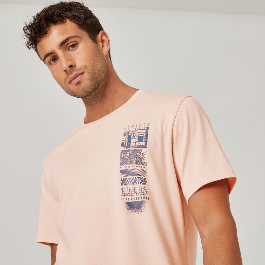 T-shirt fitness manches courtes slim coton col rond homme blanc a imprimé