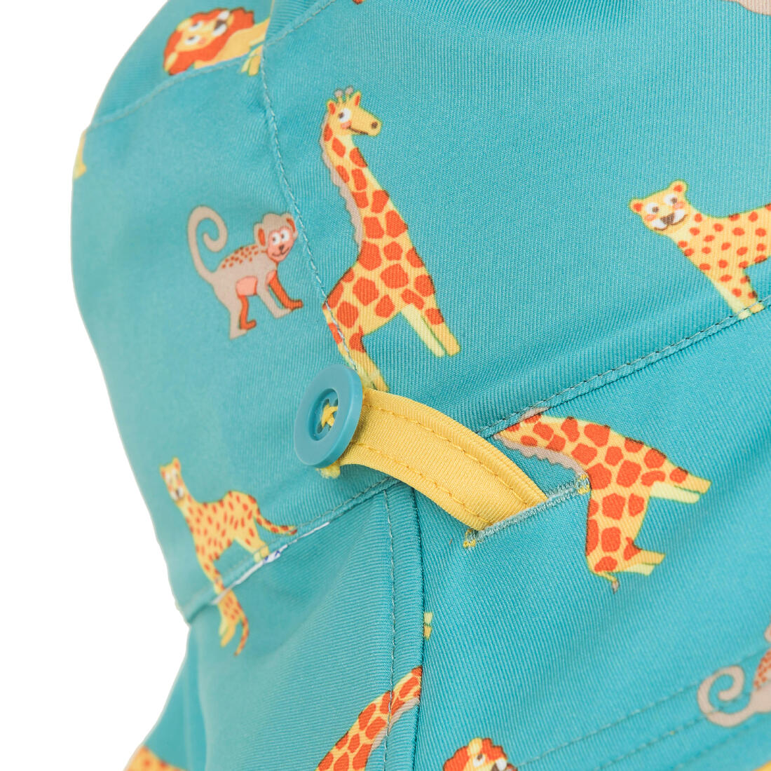 Chapeau anti uv bébé réversible jaune et bleu imprimé savane