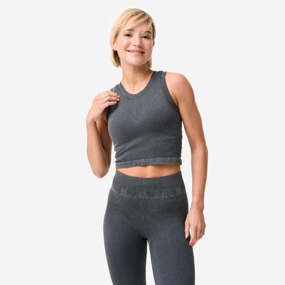 Débardeur court côtelé seamless avec brassière intégrée effet délavé