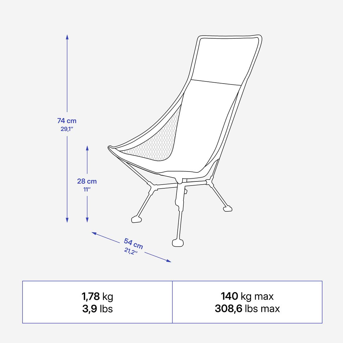 Chaise basse de camping, ultra compacte et avec dossier haut, 900 XL