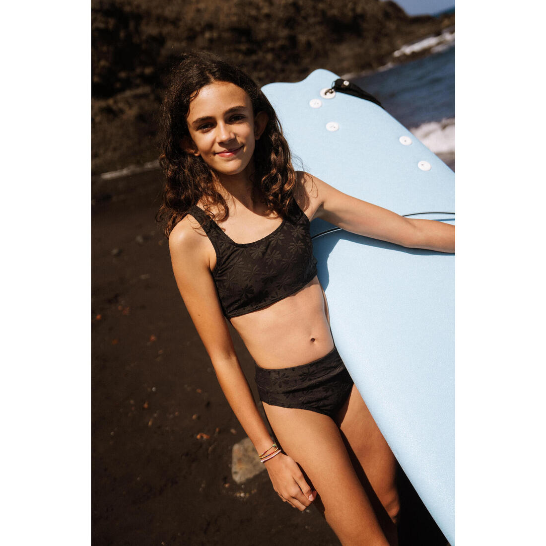 Maillot 2 pièces surf brassière taille haute Fille - 500 Lao miami lavande