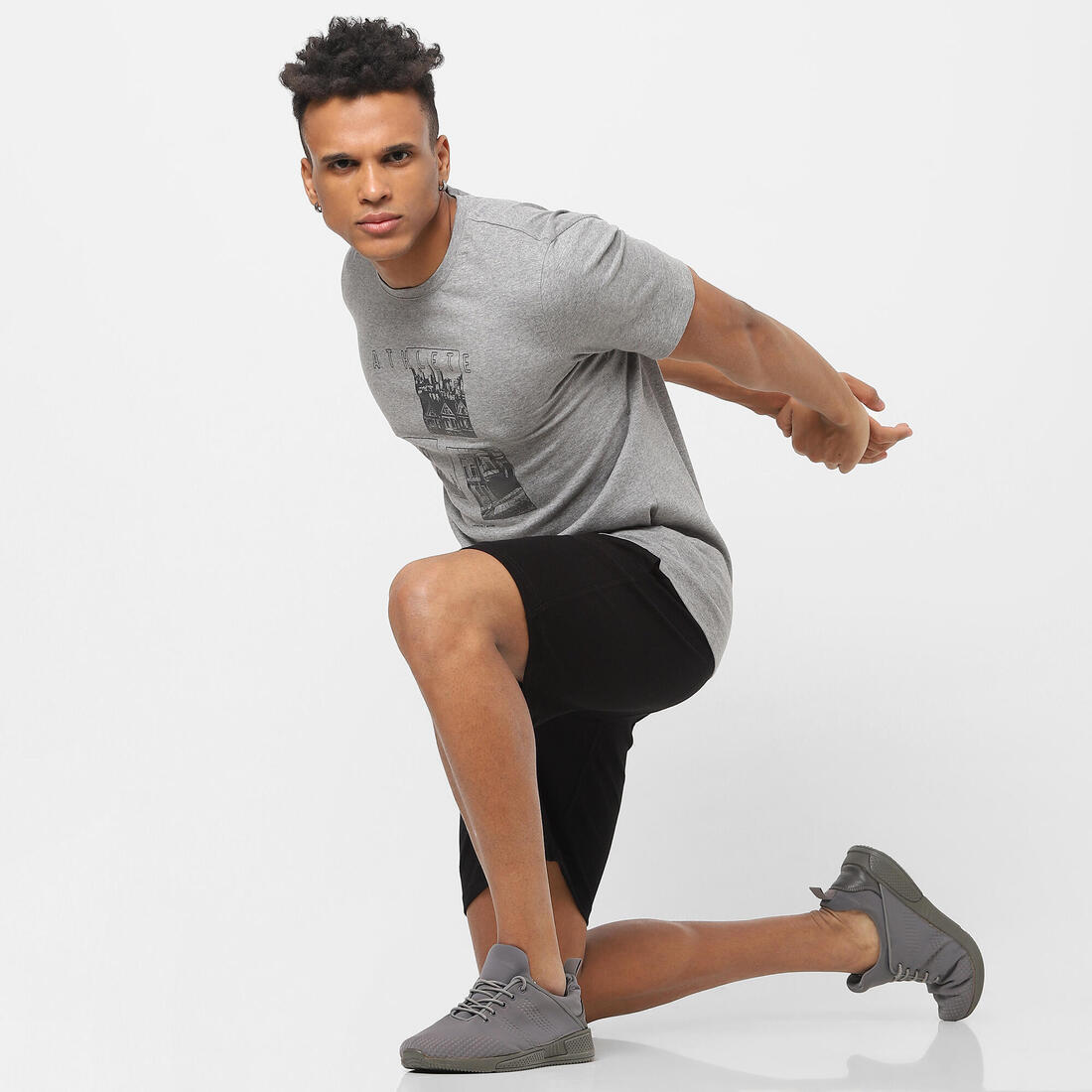 T-shirt fitness manches courtes slim coton col rond homme blanc a imprimé