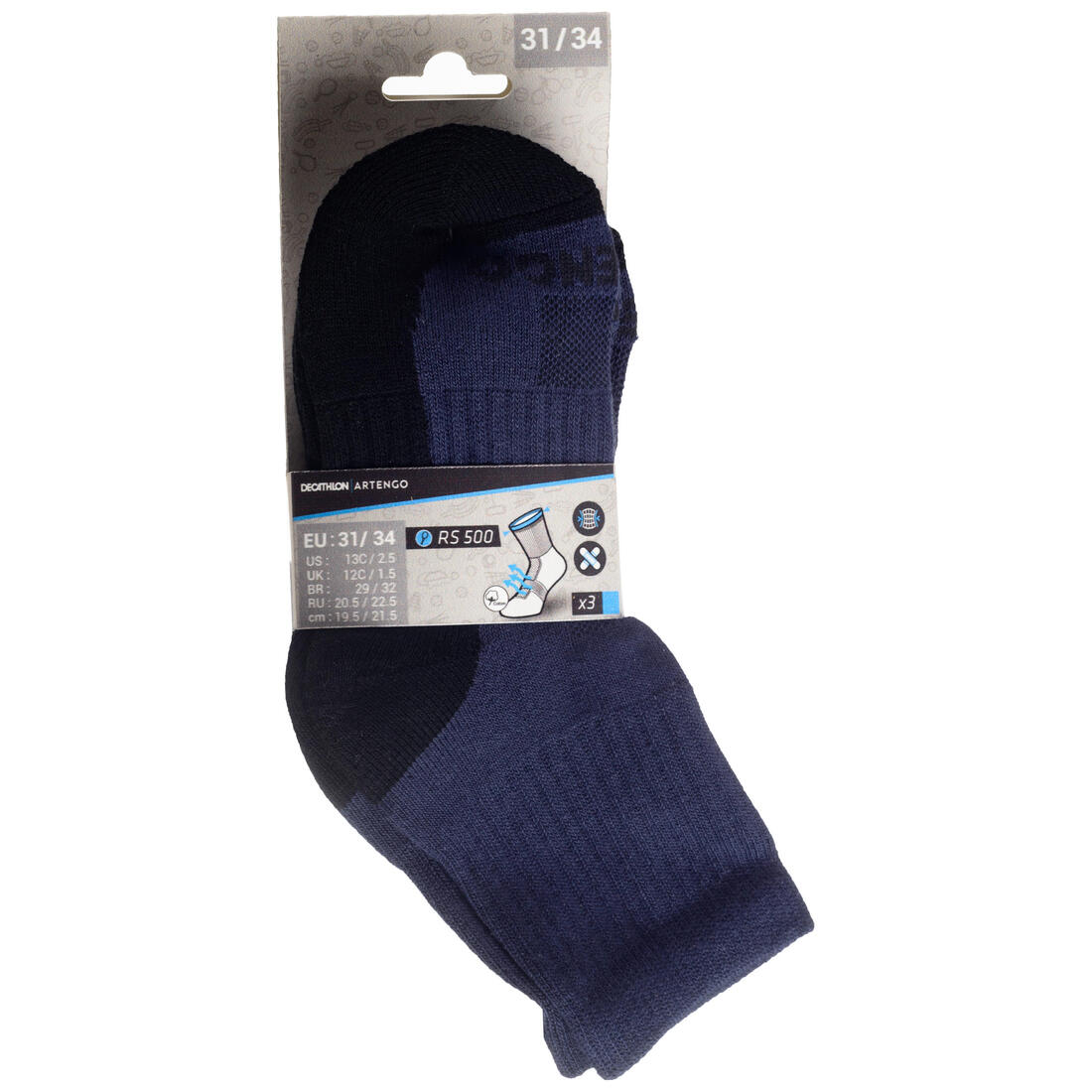 CHAUSSETTES DE SPORT ENFANT HAUTES RS 500 NOIR BLANC GRIS LOT DE 3