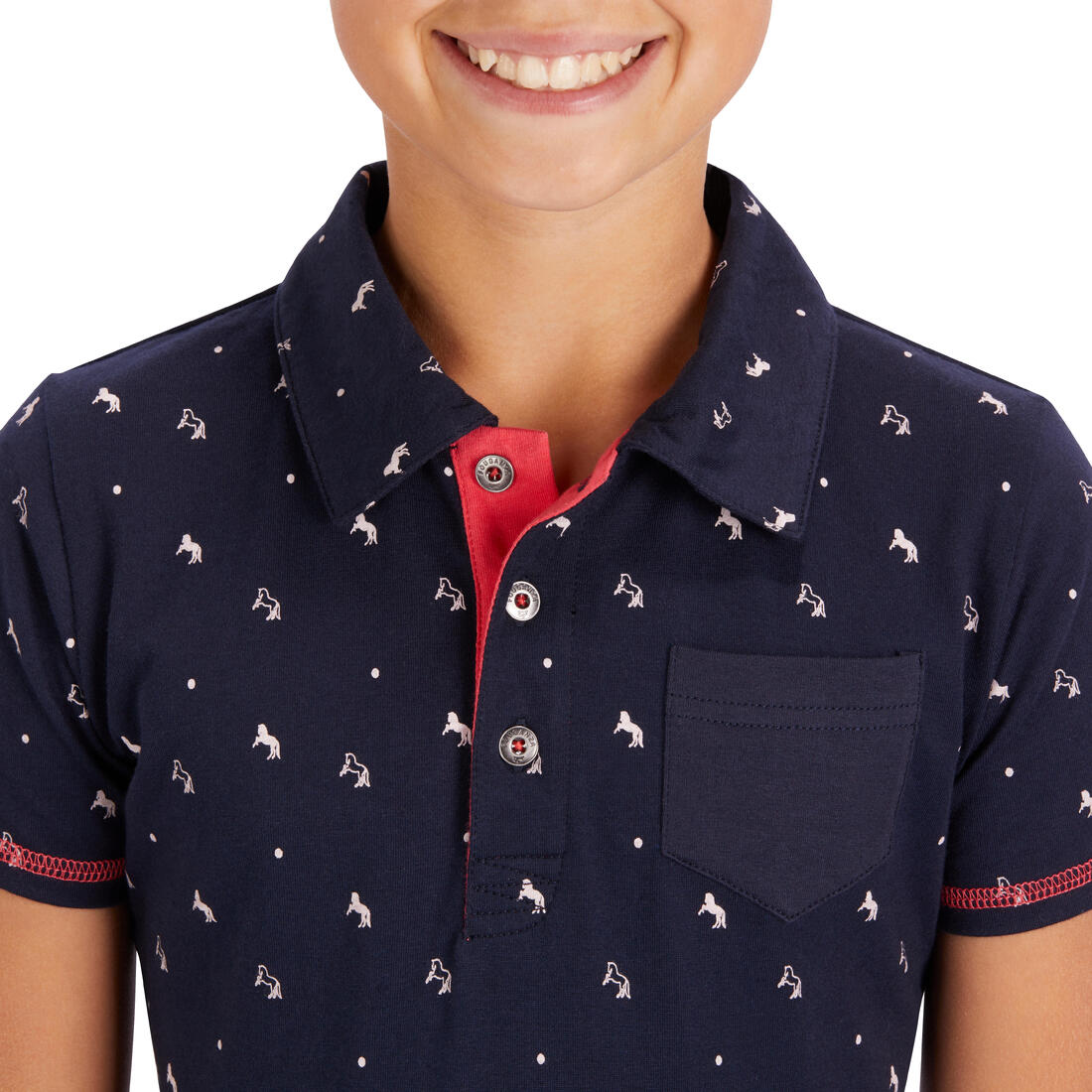 Polo manches courtes équitation fille 140 PONY bleu pétrole motifs turquoise
