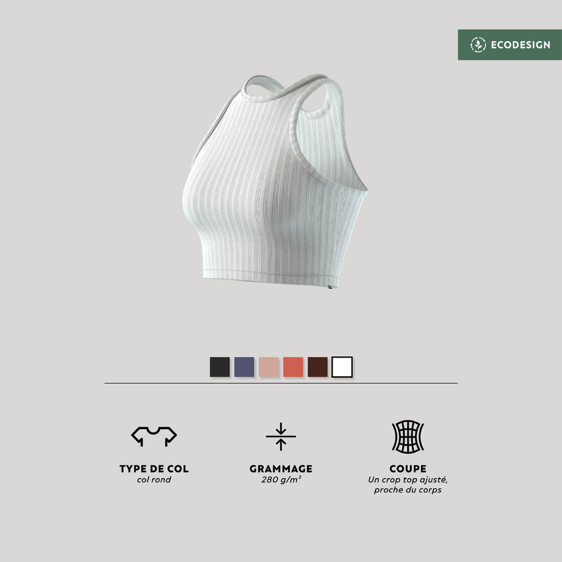 Débardeur CROP TOP Fitness Femme - 520 côtelé Jaune melon