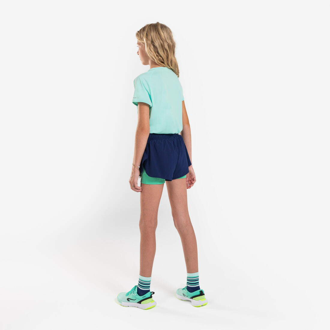 Short cuissard de running respirant Fille - KIPRUN DRY+ 2 en 1 marine et