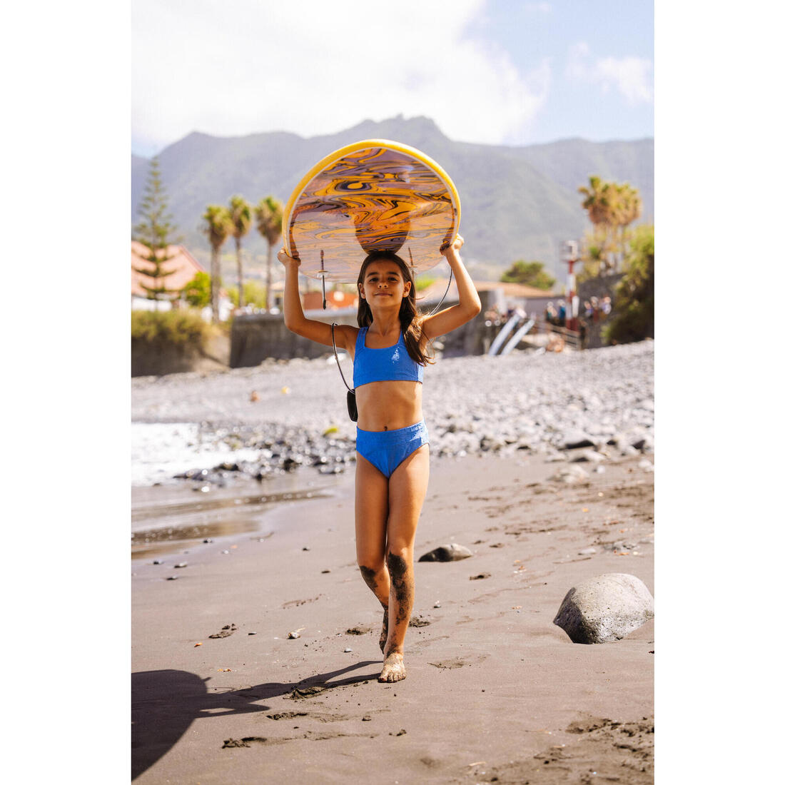 Maillot 2 pièces surf brassière taille haute Fille - 500 Lao miami lavande