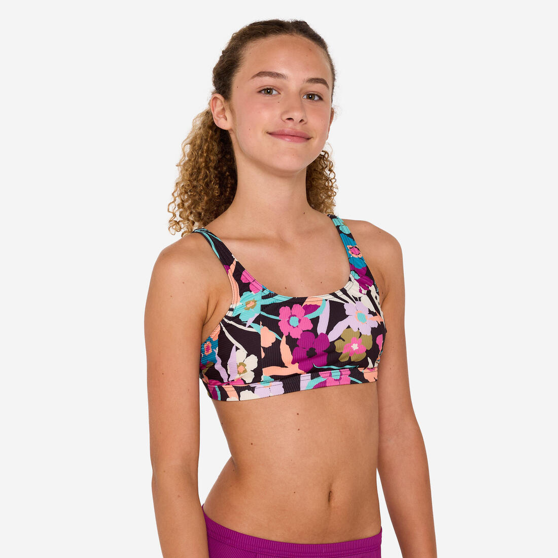 Haut de maillot de bain brassière fleuri réglable Fille - 500 Nora