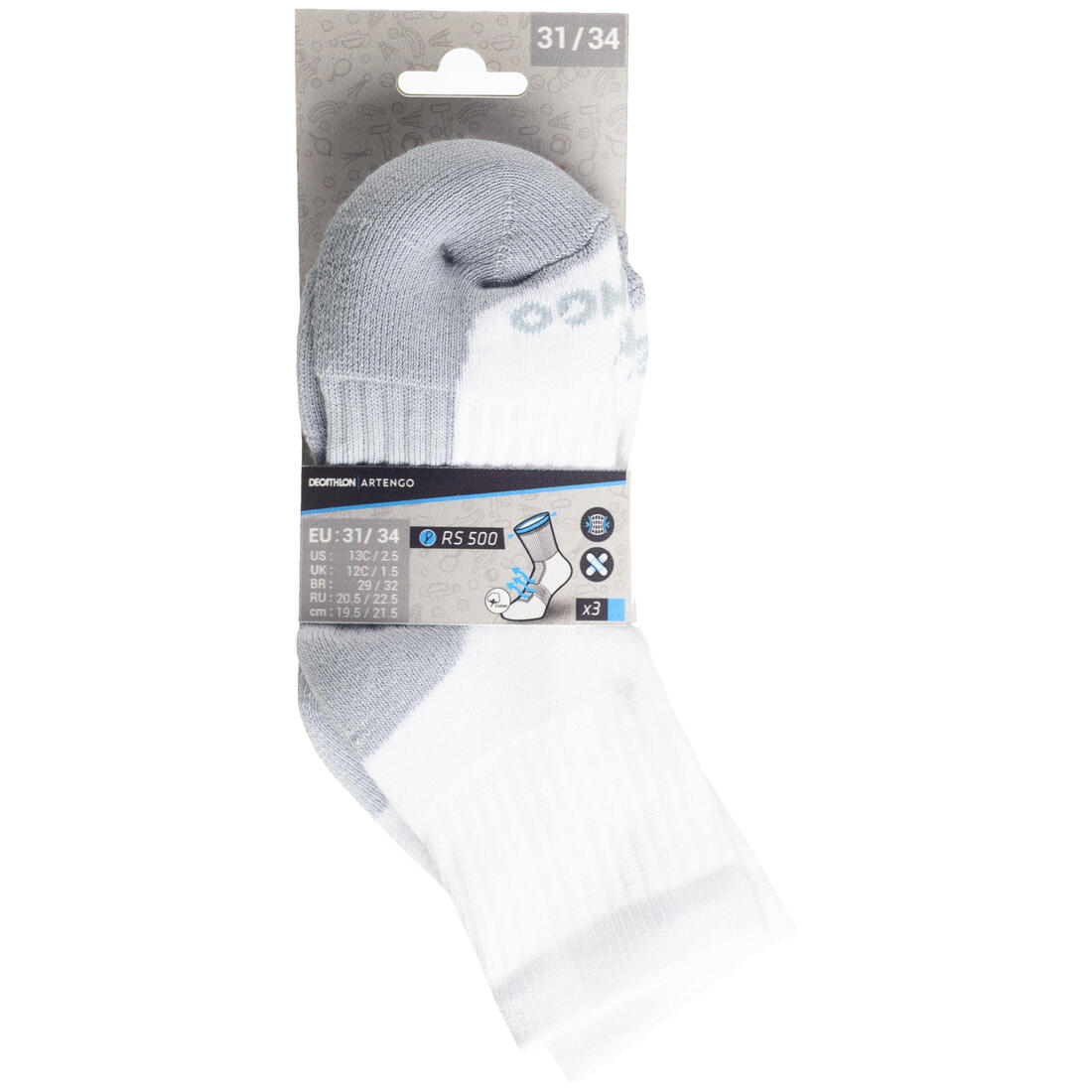 CHAUSSETTES DE SPORT ENFANT HAUTES RS 500 NOIR BLANC GRIS LOT DE 3