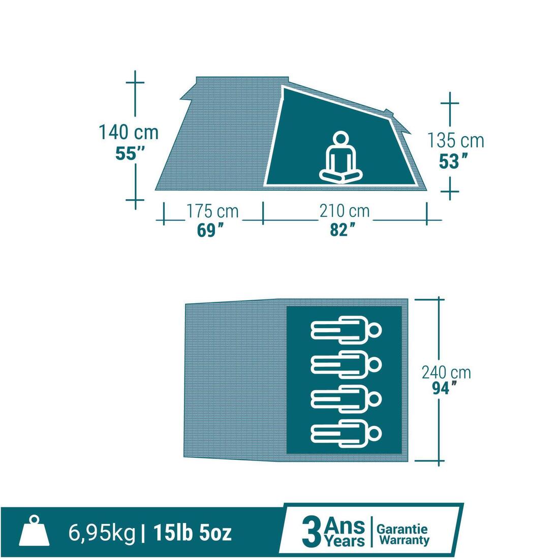 Tente de camping 4 places, MH100 XXL