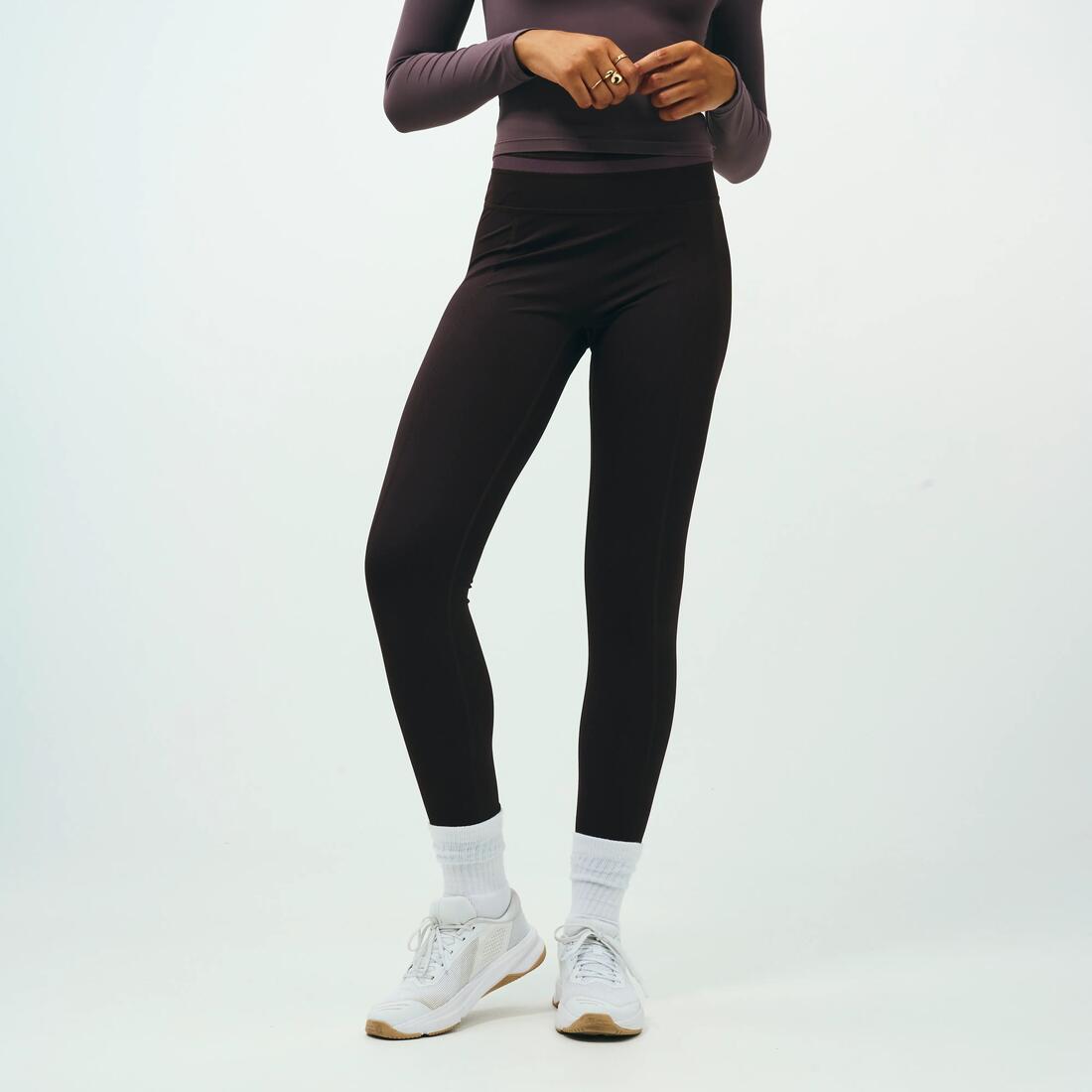 Legging de sport galbant femme, Collection limitée Pilates violet foncé