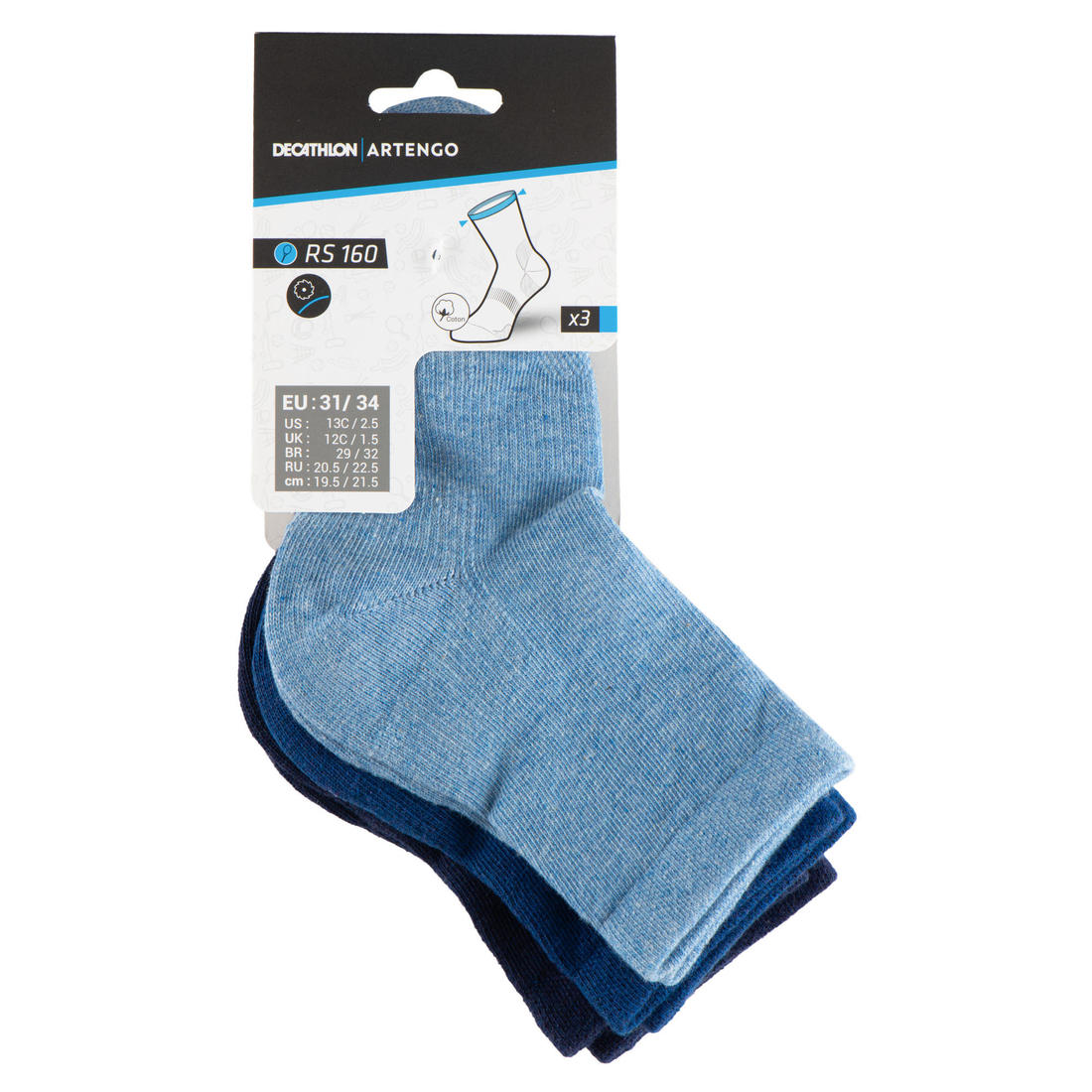 CHAUSSETTES DE SPORT ENFANT HAUTES ARTENGO RS 160 BLANC MARINE BLANC LOT DE 3