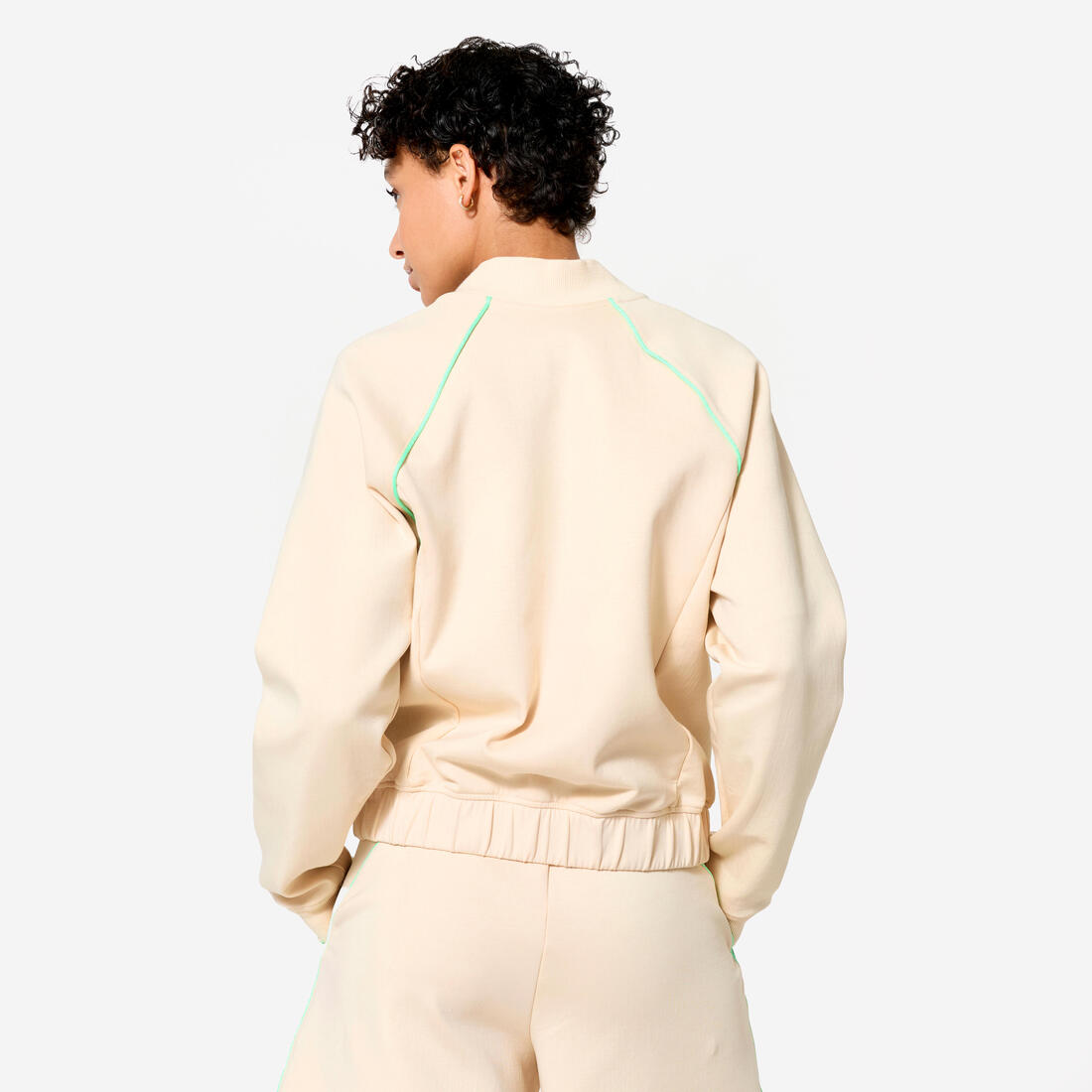Veste bombers zipée femme, beige avec piping vert.