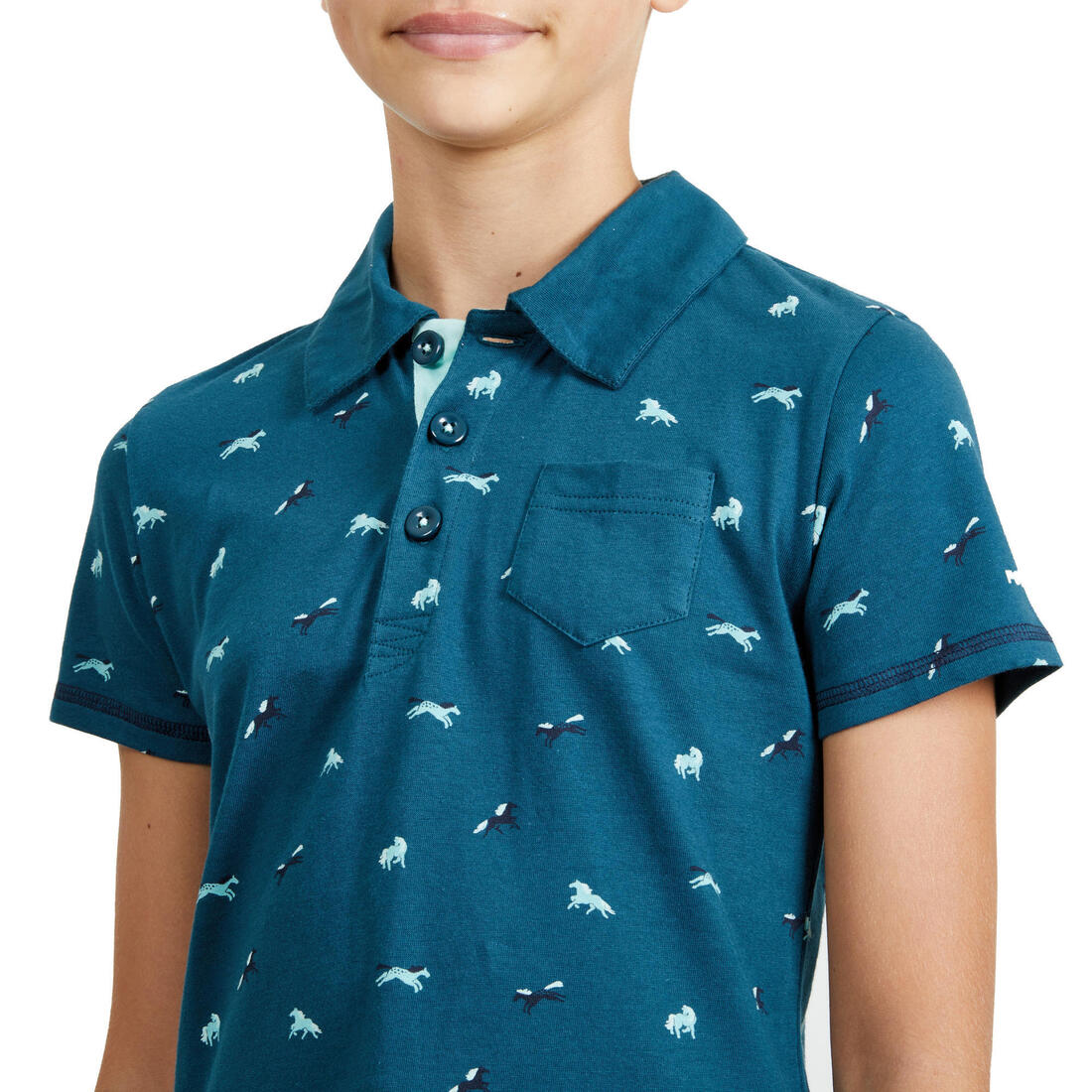 Polo manches courtes équitation fille 140 PONY bleu pétrole motifs turquoise