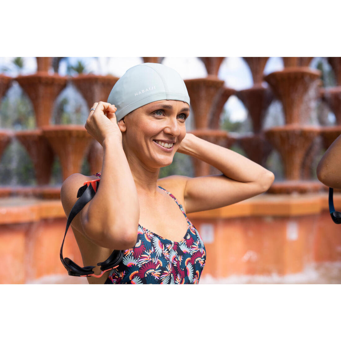 Bonnet de bain en maille enduite - tissu imprimé - taille m - vert line