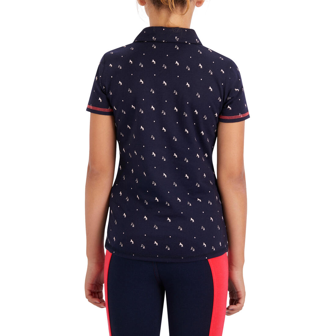Polo manches courtes équitation fille 140 PONY bleu pétrole motifs turquoise