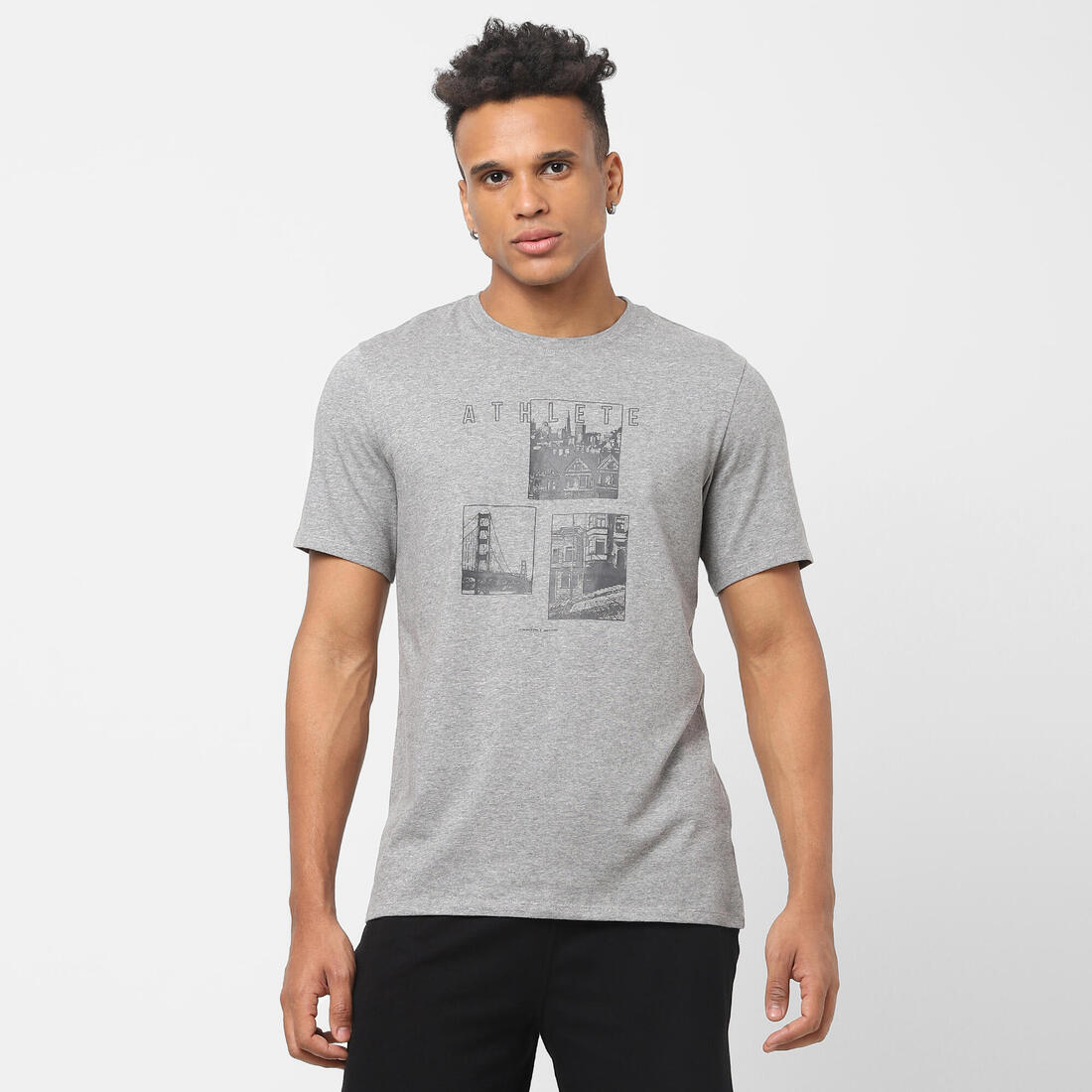 T-shirt fitness manches courtes slim coton col rond homme blanc a imprimé