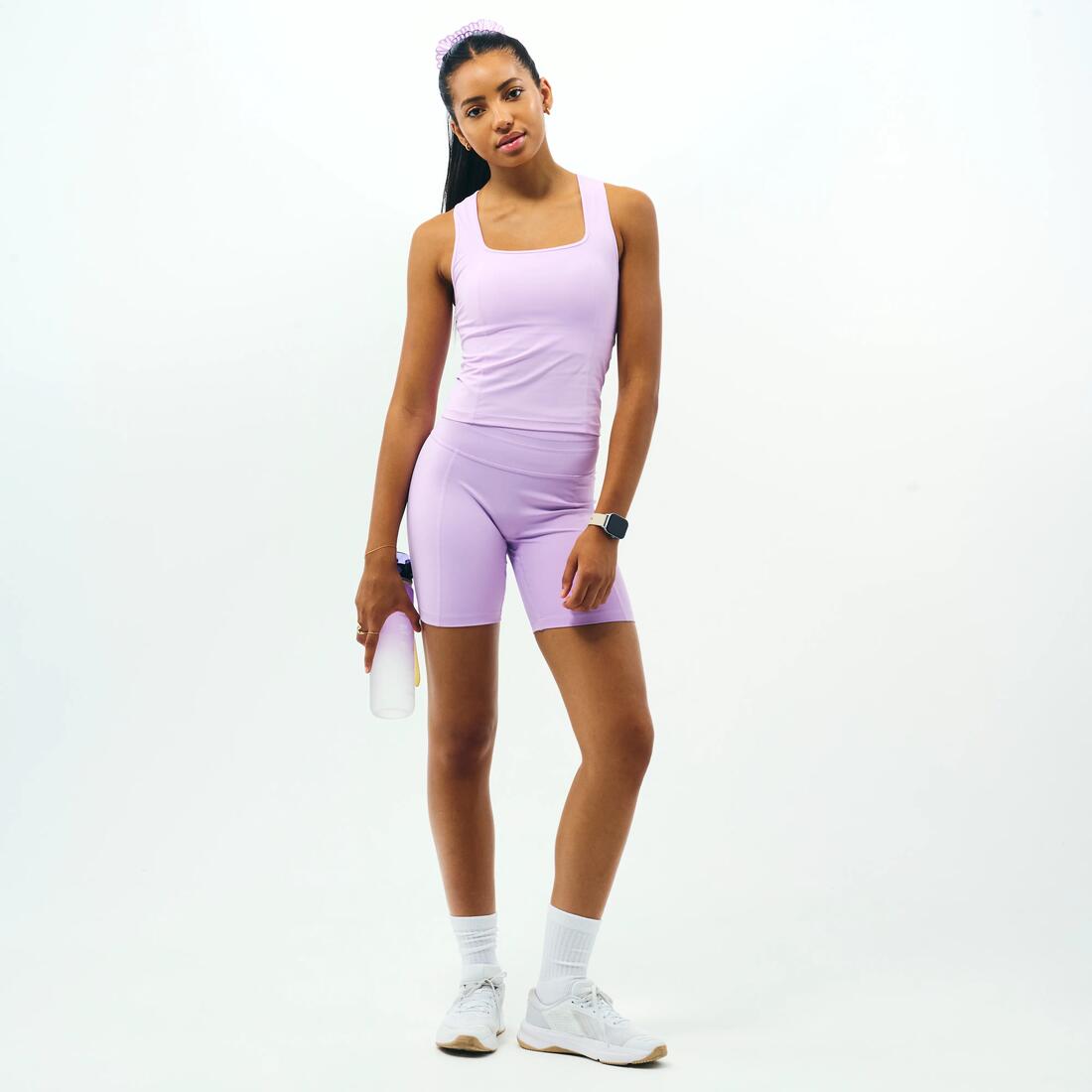 Débardeur de sport col carré extensible femme, Collection limitée Pilates