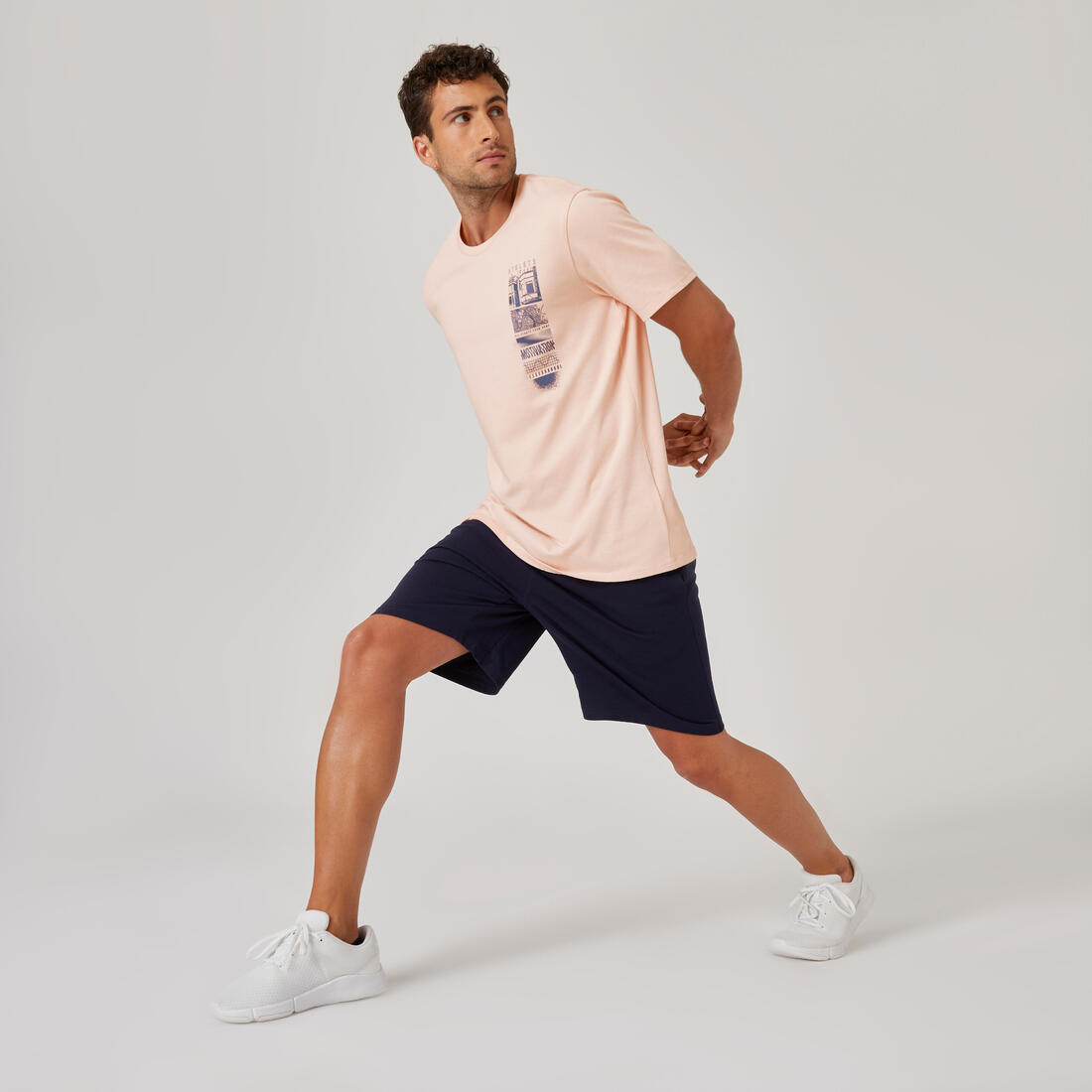 T-shirt fitness manches courtes slim coton col rond homme blanc a imprimé