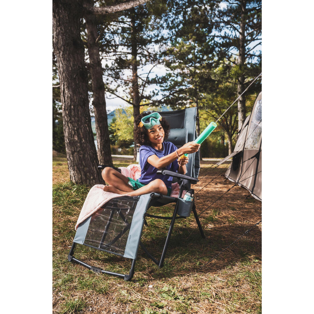 Fauteuil long de camping relax, pliant et matelassé, avec appuie tête
