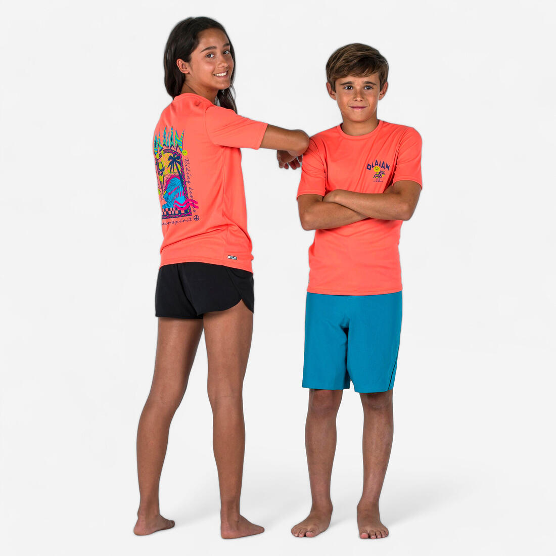 T-shirt anti UV manches courtes surf Junior - 100 blanc noir skate