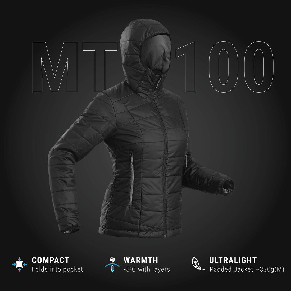 Doudoune de trek à capuche synthétique femme, MT100