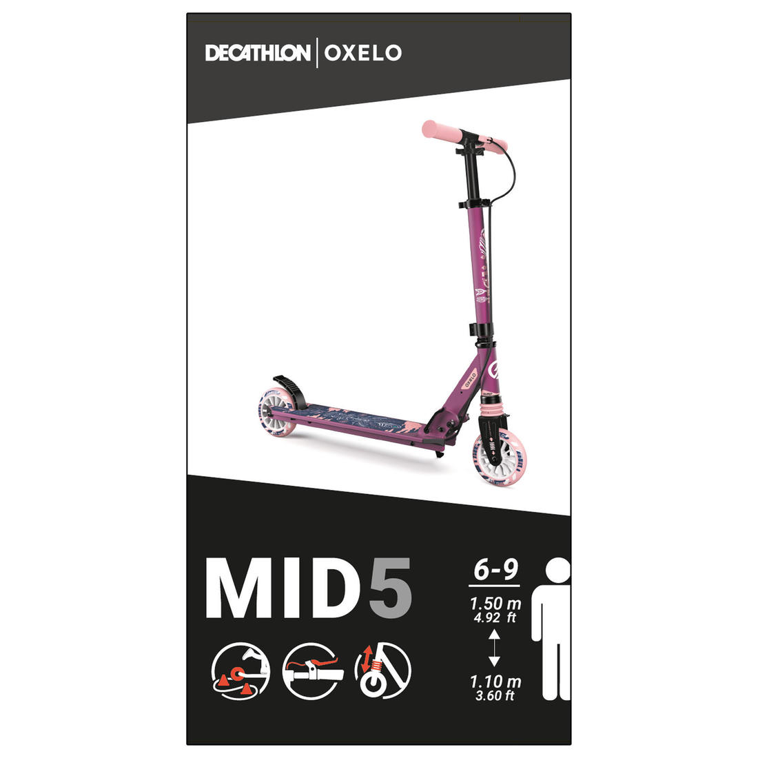 Trottinette enfant mid5 avec frein au guidon et suspension violette