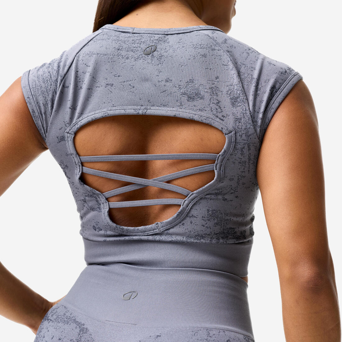 Tee-shirt crop top seamless femme, imprimé gris