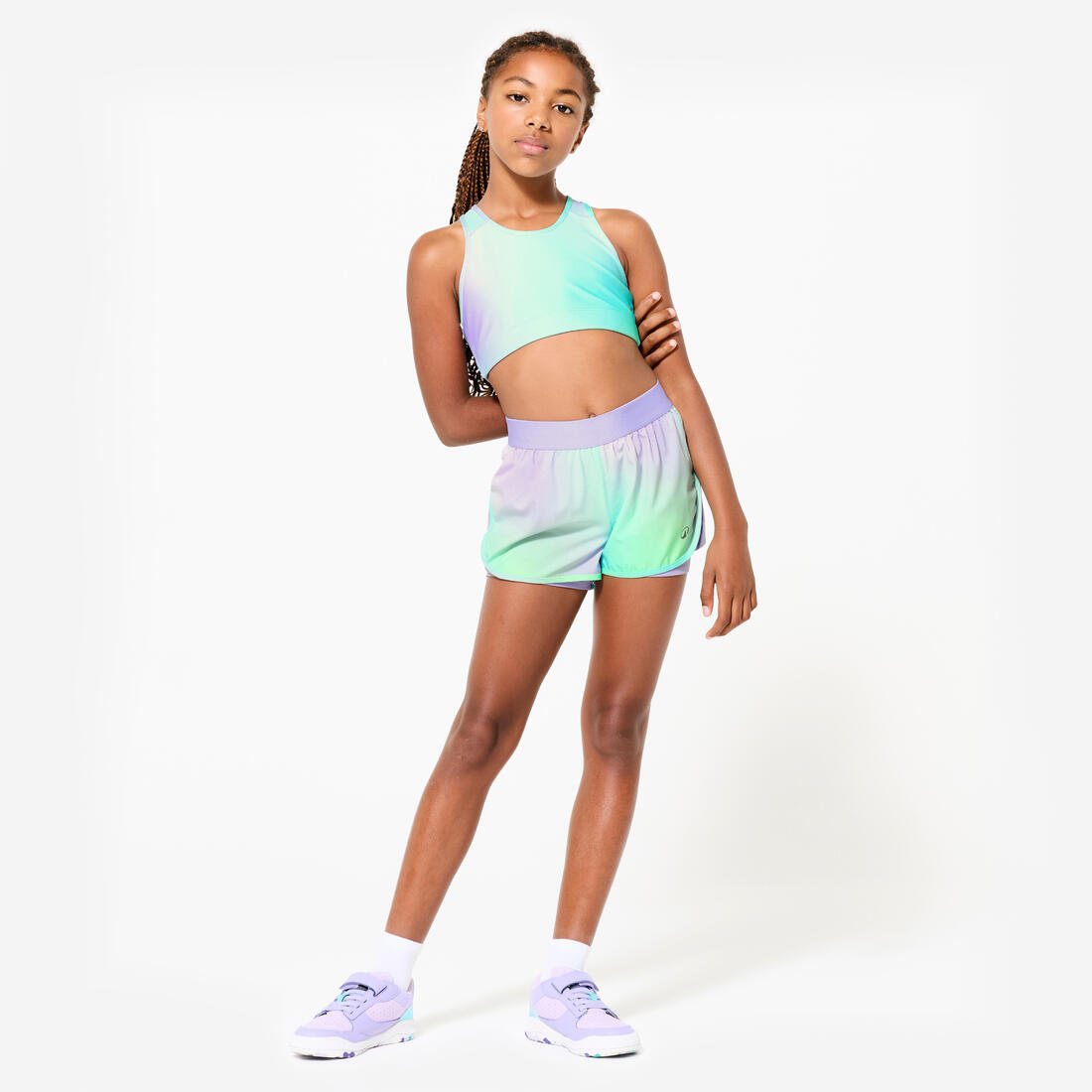 Short multisport respirant 2 en 1 fille, Imprimé noir et