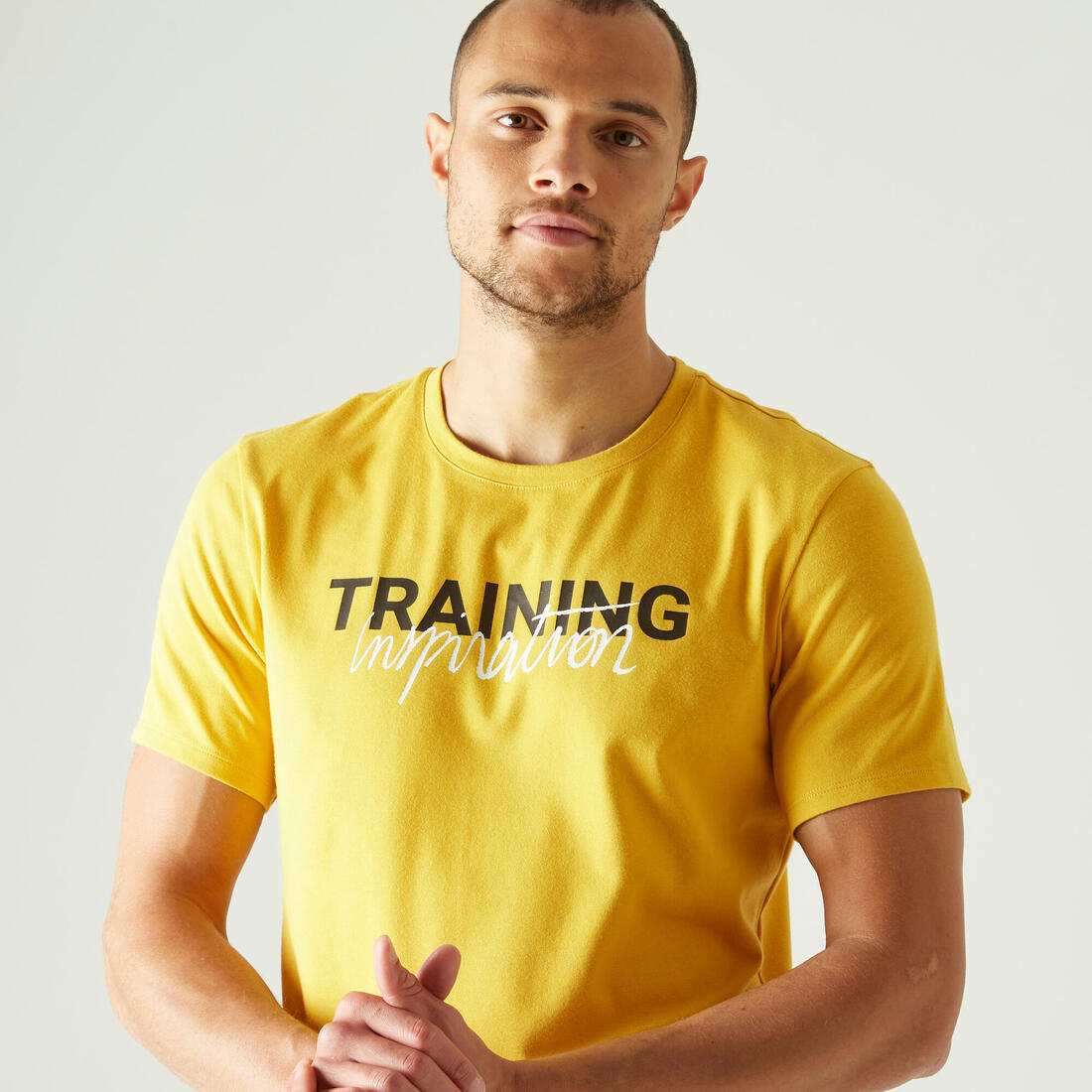 T-shirt fitness manches courtes slim coton col rond homme blanc a imprimé
