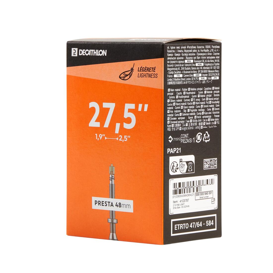 Chambre a air vtt 27,5x1,9-2,5 presta 48 light