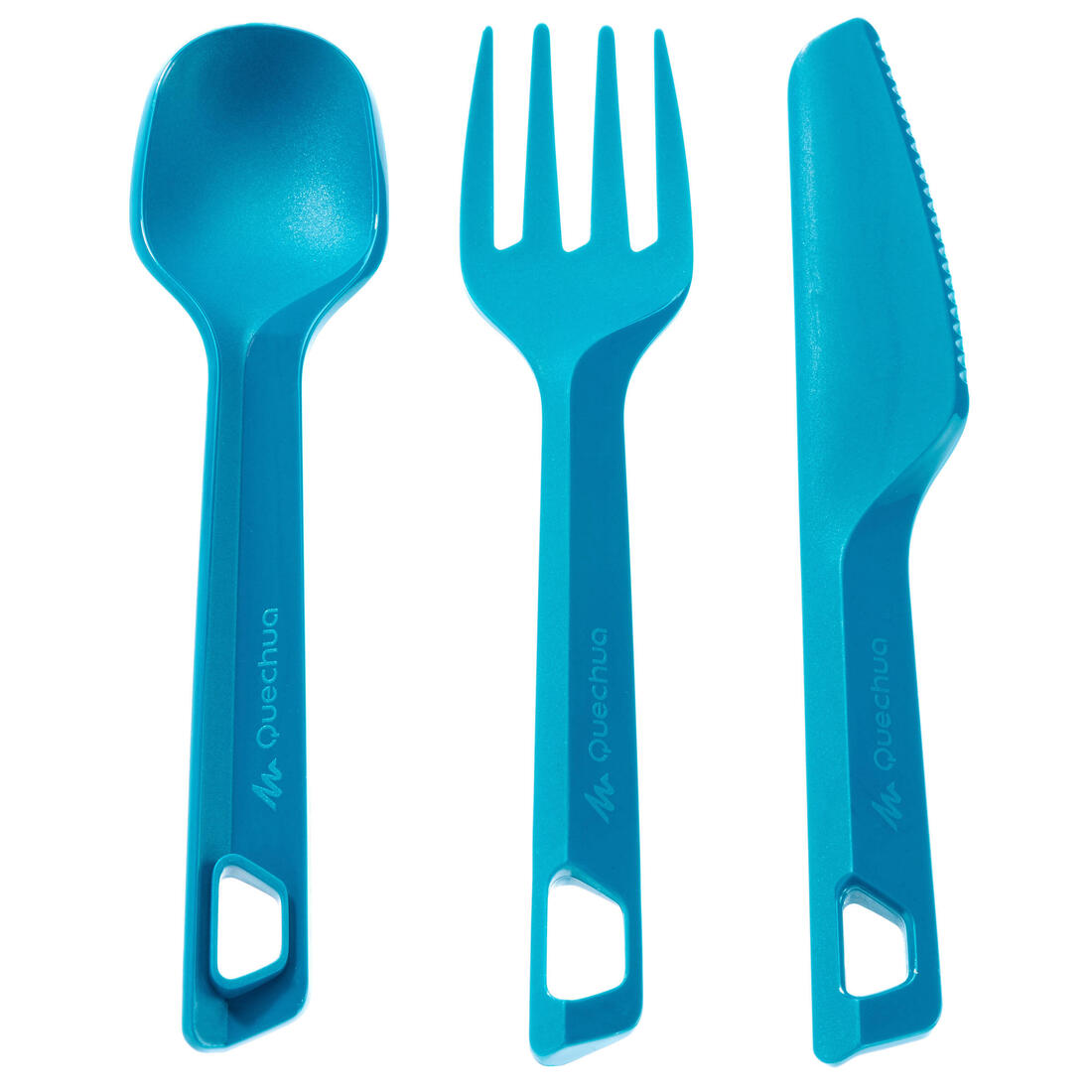 Set 3 couverts (couteau, fourchette, cuillère) pour le camping en plastique bleu