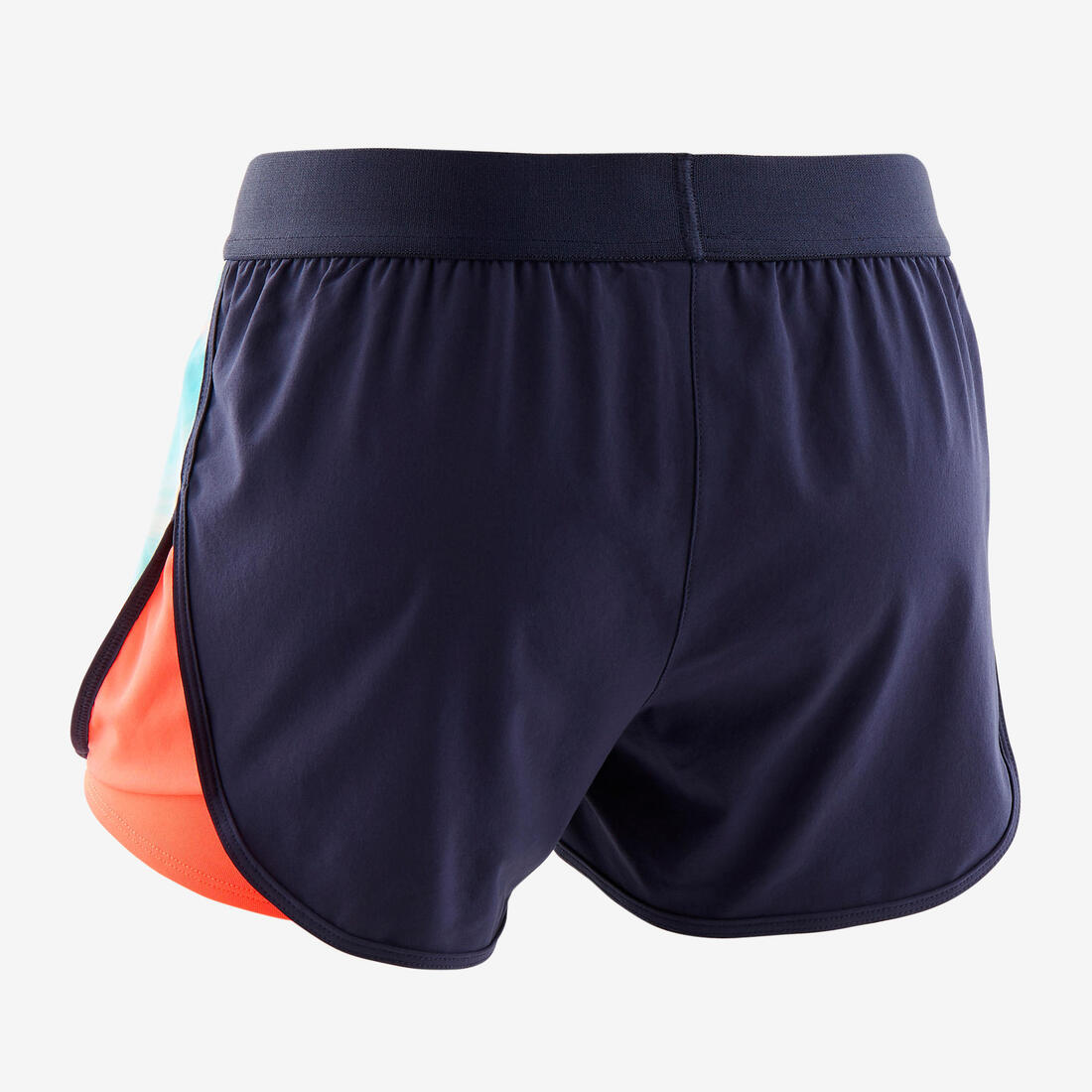 Short 2 en 1 multisport respirant fille, imprimé bleu et corail