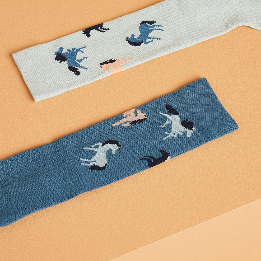 Chaussettes d'équitation enfant sks 500 motifs poneys marine et rose. lot de 2