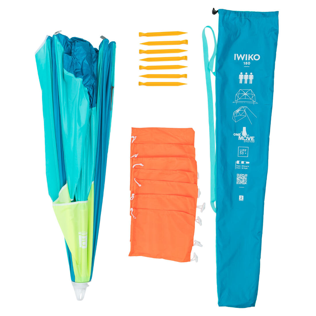 Parasol Abri plage solaire Iwiko 180 bleu jaune UPF50+ 3 places