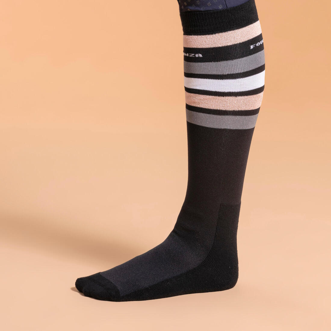 Chaussettes équitation adulte 100 noir rayures blanches et grises