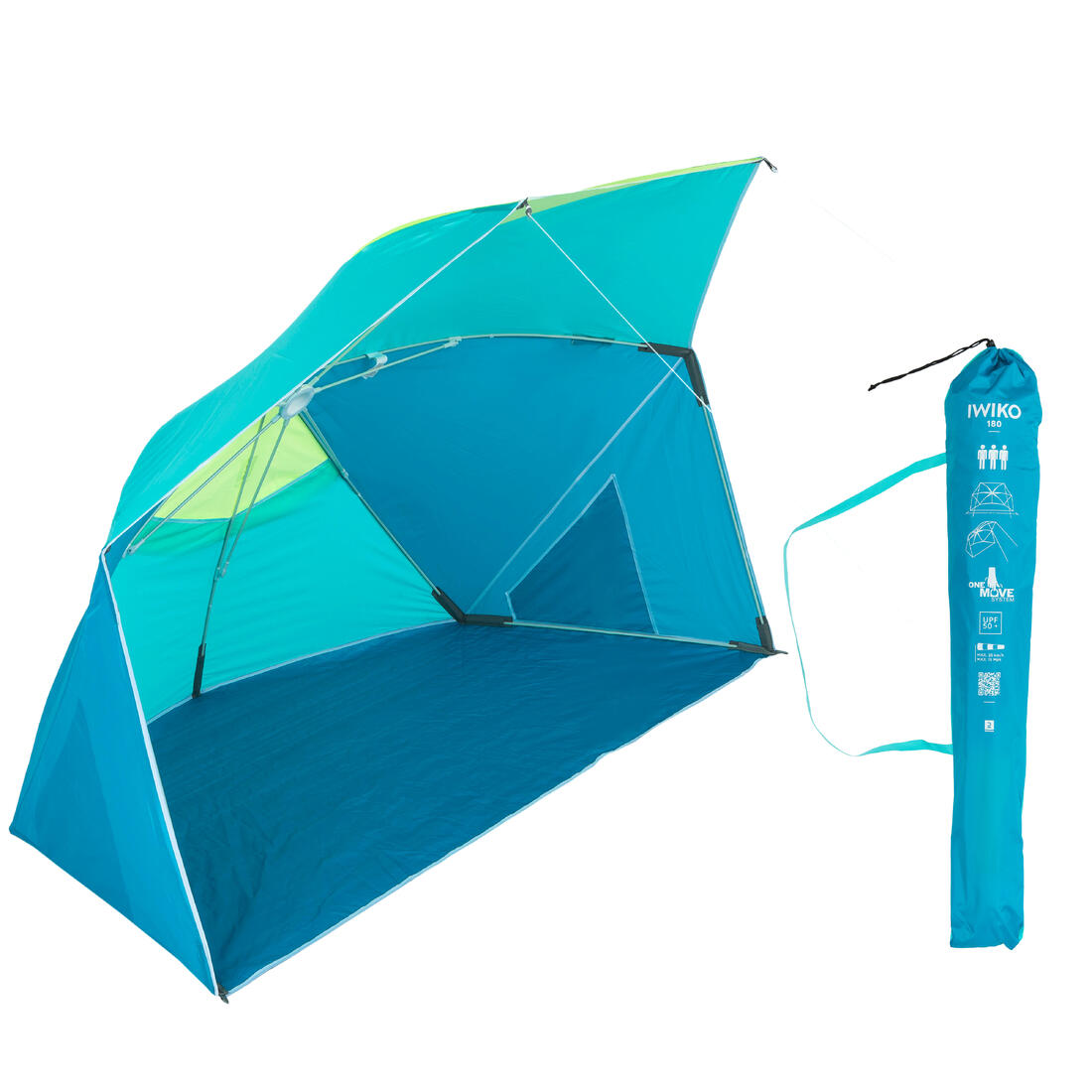 Parasol Abri plage solaire Iwiko 180 bleu jaune UPF50+ 3 places