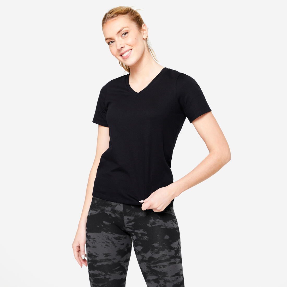 T-shirt col V fitness en coton femme