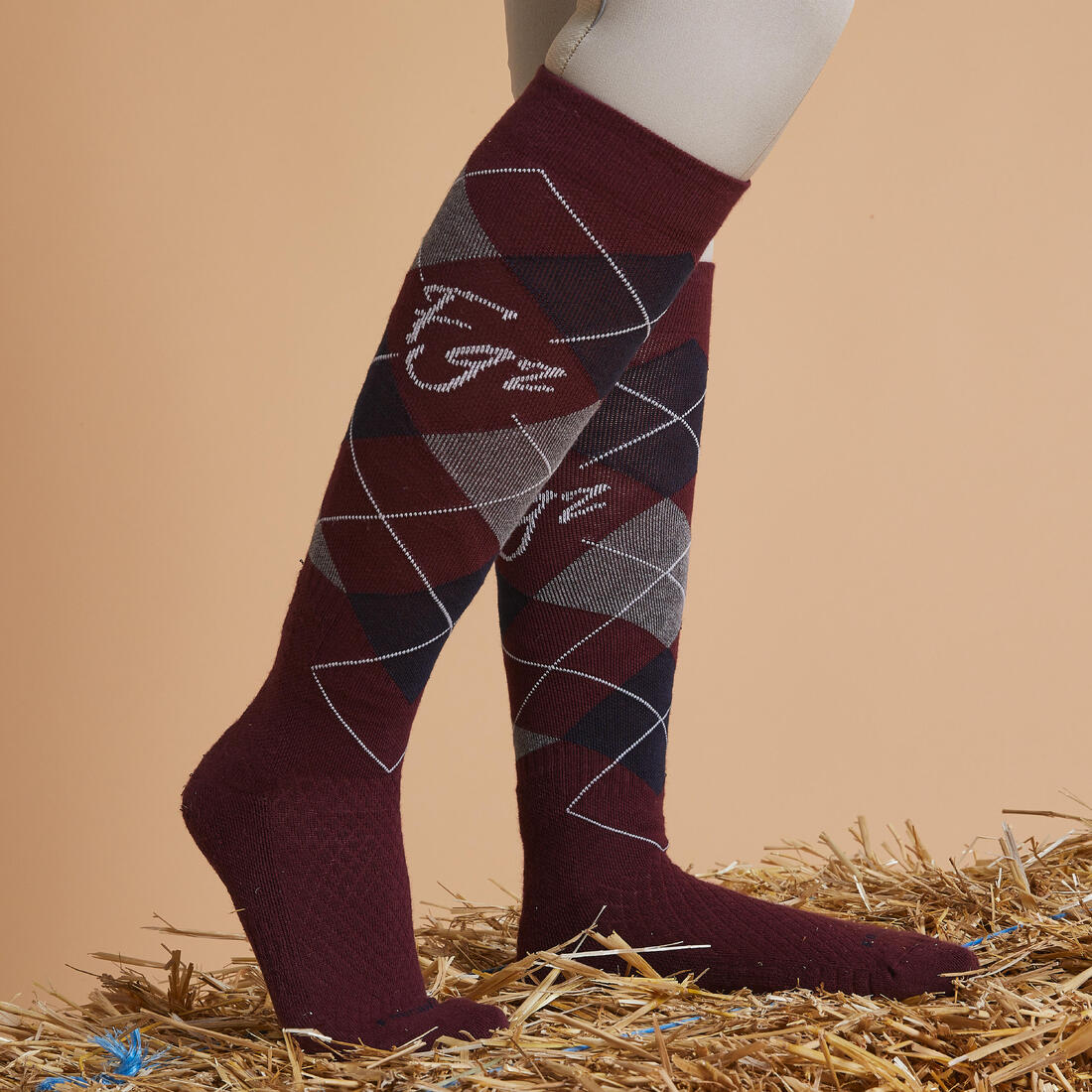 Chaussettes équitation  500 adulte losangesvert pétrole/marine. lot de 2