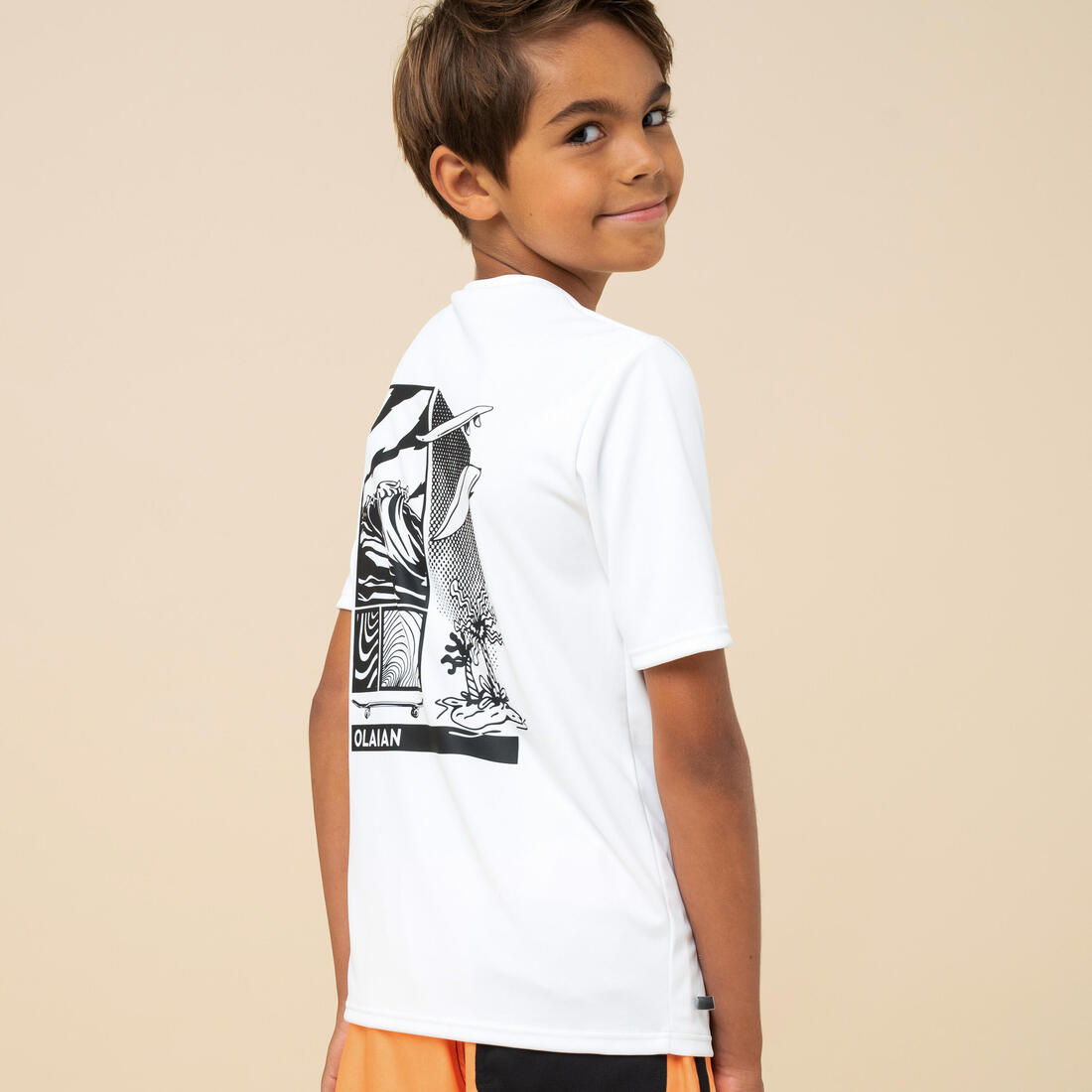 T-shirt anti UV manches courtes surf Junior - 100 blanc noir skate