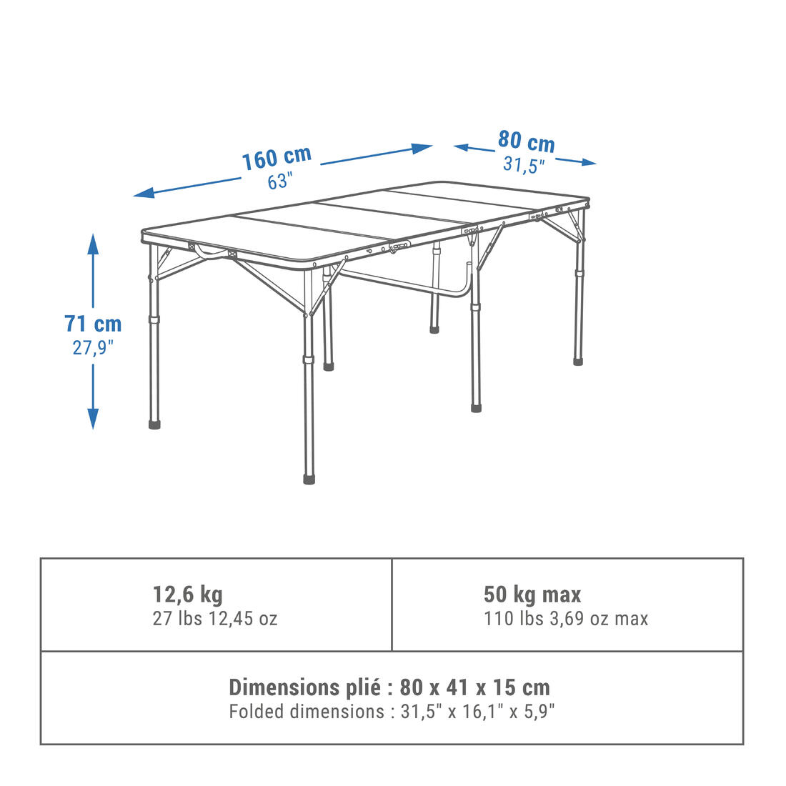 GRANDE TABLE DE CAMPING PLIANTE - 6 À 8 PERSONNES