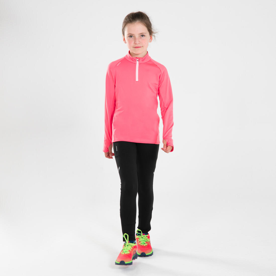 Maillot manches longues chaud 1/2 zip enfant d'athlétisme AT 100 corail fluo