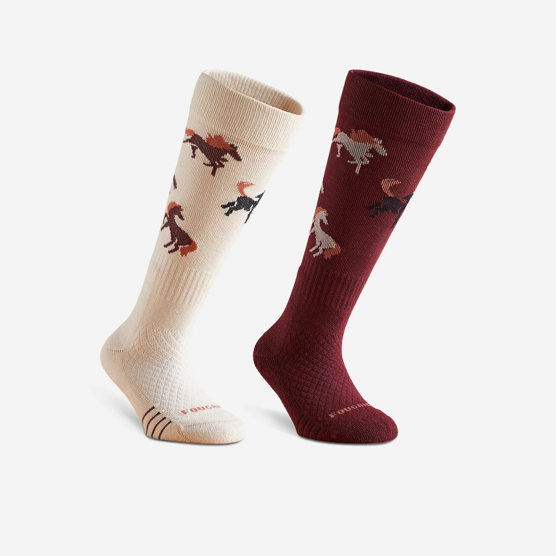 Chaussettes d'équitation enfant sks 500 motifs poneys marine et rose. lot de 2