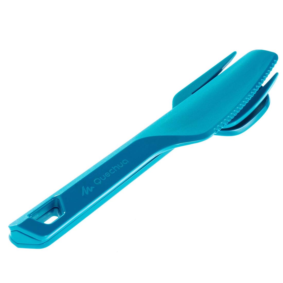 Set 3 couverts (couteau, fourchette, cuillère) pour le camping en plastique bleu