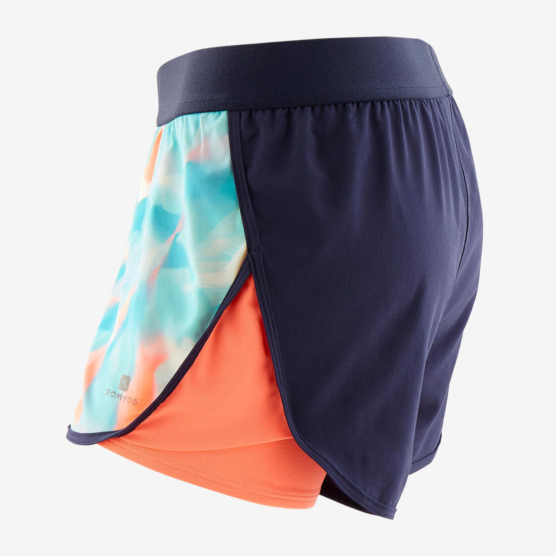 Short 2 en 1 multisport respirant fille, imprimé bleu et corail