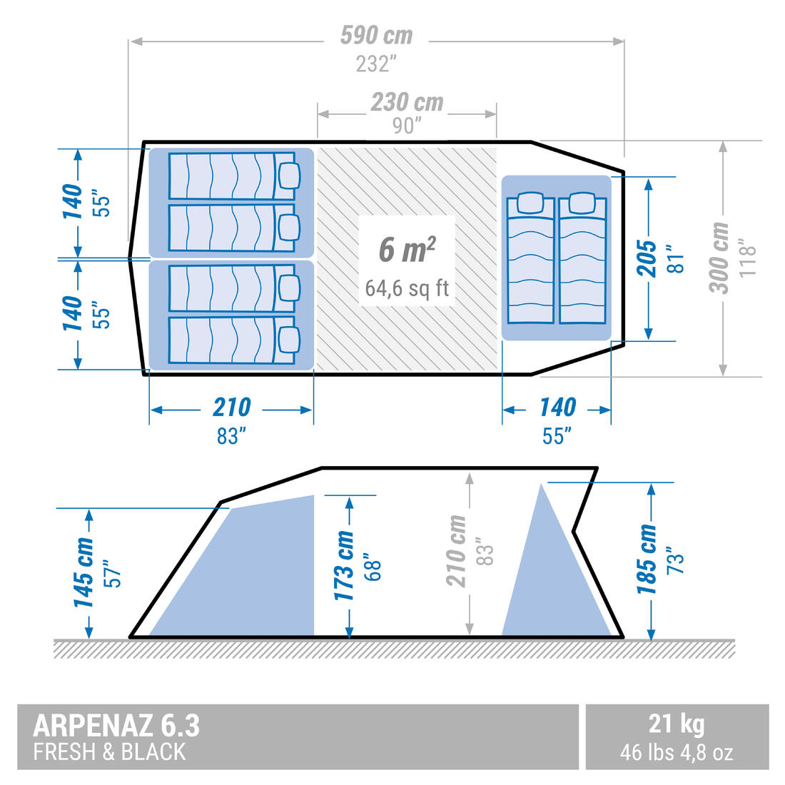 Tente à arceaux de camping - Arpenaz 6.3 F&B - 6 Places - 3 Chambres